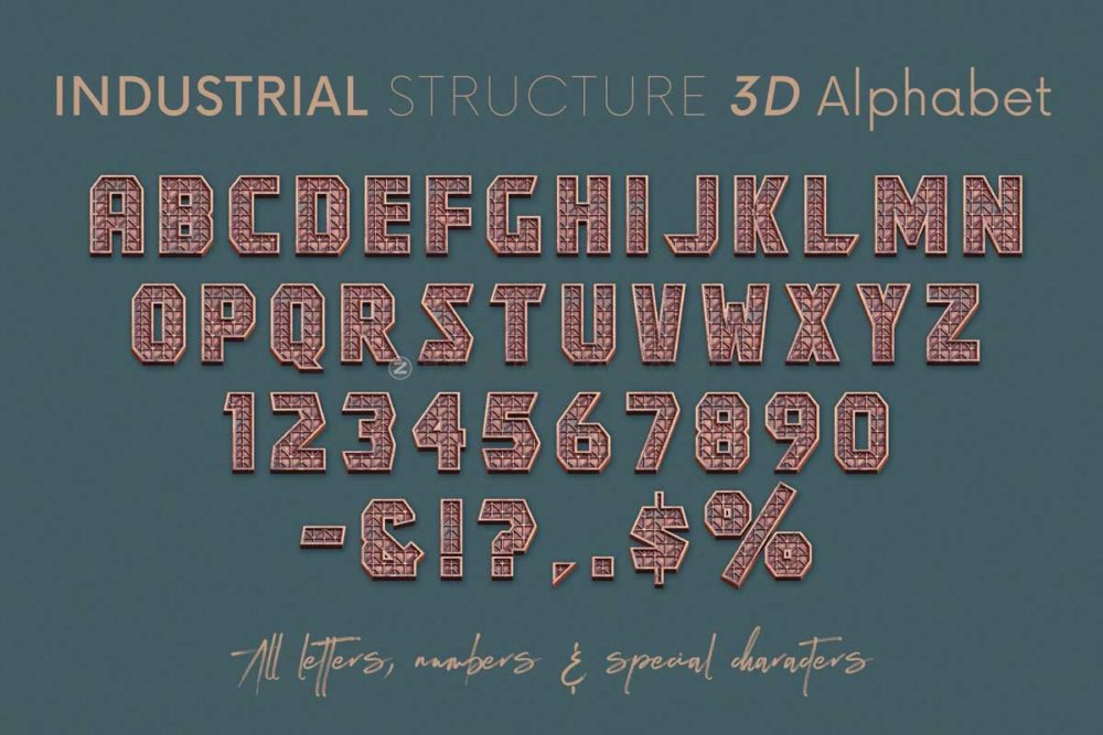 创意逼真3D立体三维金属复古工业朋克风字母数字PNG免抠图设计素材 Industrial Structure - 3D Lettering_img_2