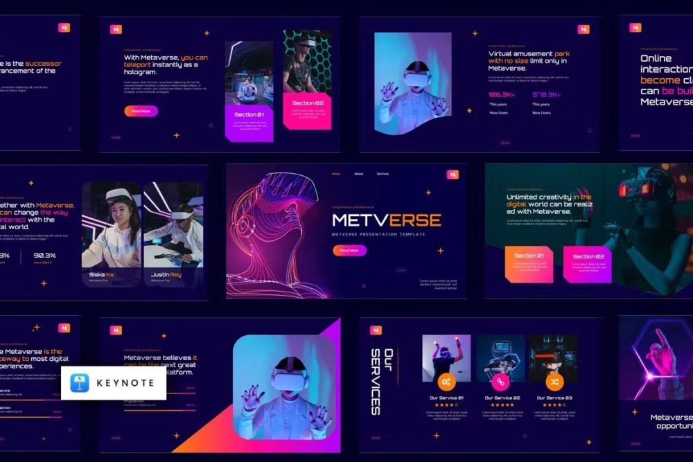 未来创意霓虹科技智能vr虚拟品牌营销演示文稿keynote模板源文件 METVERSE - Virtual Reality Keynote_img_2