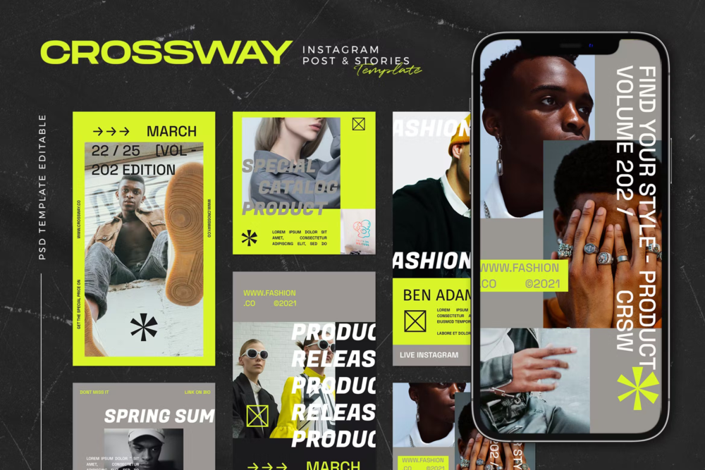 前卫ins风公众号推文品牌营销电商海报设计psd源文件 Crossway Streetwear Instagram Template_img_2