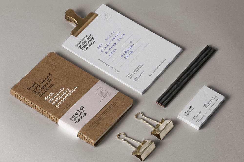 时尚品牌vi设计办公用品笔记本名片信纸展示ps贴图样机模板 Psd Desk Stationery Mockup_img_2