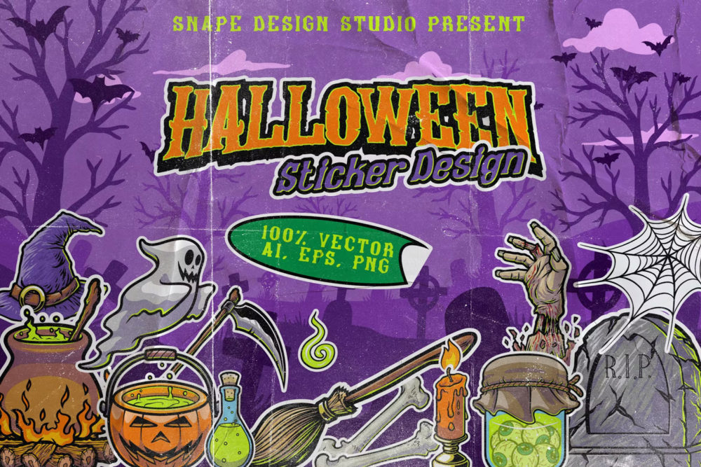 13款恐怖卡通万圣节主题南瓜僵尸标题图标设计ai矢量插图 Halloween Sticker Pack Design_img_2