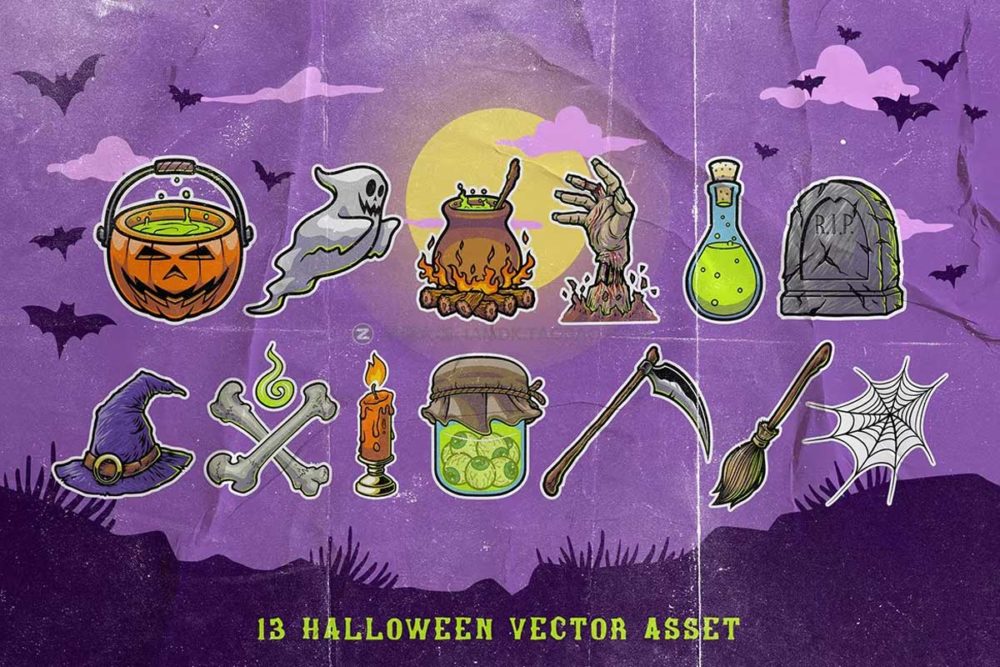 13款恐怖卡通万圣节主题南瓜僵尸标题图标设计ai矢量插图 Halloween Sticker Pack Design_img_2