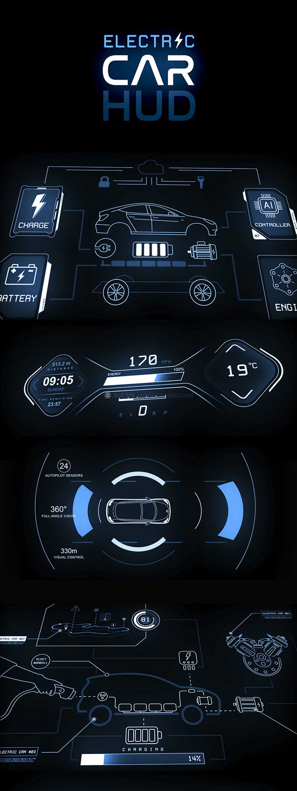 AE模板 200+科技感汽车界面UI图标HUD ICON动画 Videohive - Electric Car HUD_img_2