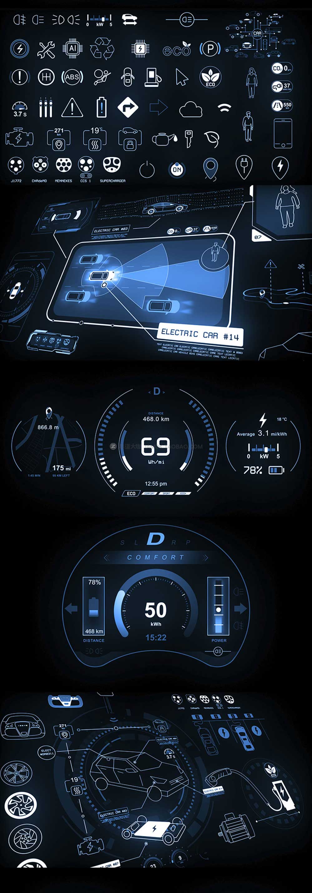 AE模板 200+科技感汽车界面UI图标HUD ICON动画 Videohive - Electric Car HUD_img_2