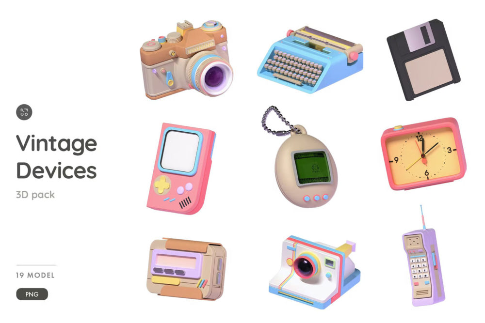 80年代复古怀旧盒式磁带电话相机3d图标插图png免抠图素材 Vintage Devices 3D Illustration Pack_img_2