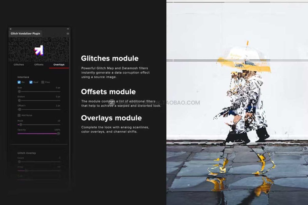 炫酷故障数字失真扭曲偏移照片文本处理特效ps动作插件素材套装 Glitch Vandalizer - Photoshop Plugin_img_2