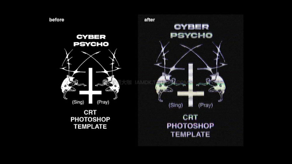 逼真做旧老式CRT屏幕显示游戏标题logo文本徽标失真像素故障特效PSD样机套件 CyberPsycho CRT Photoshop Template_img_2