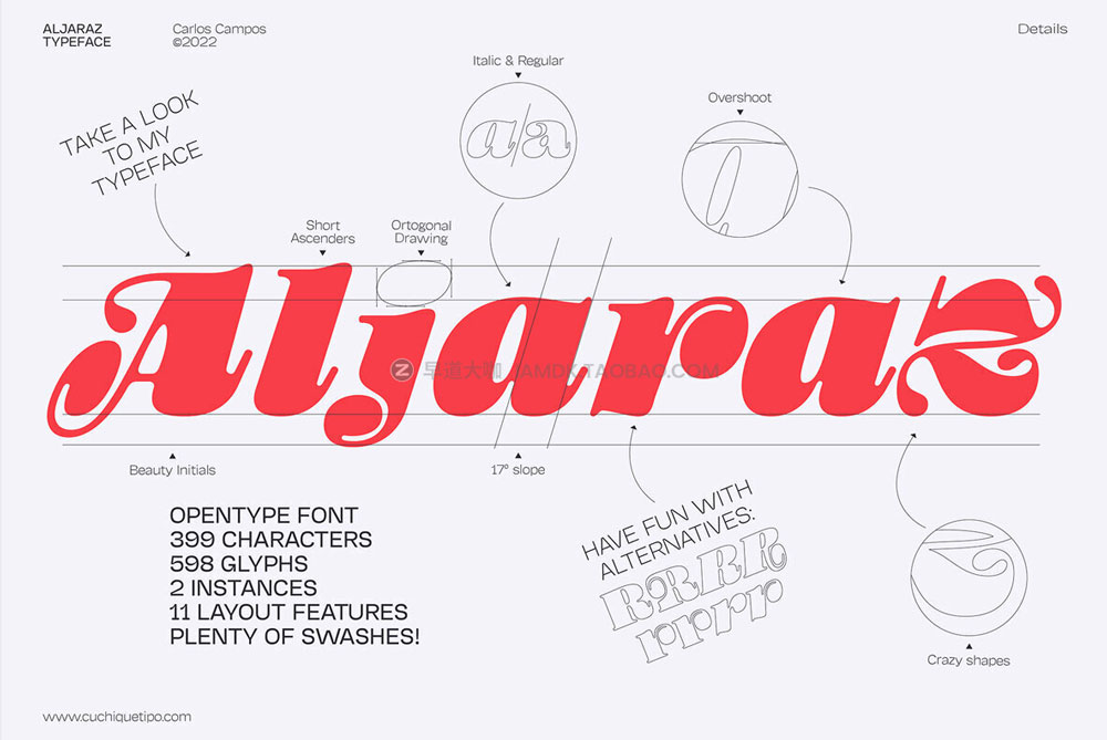 60年代复古有趣花体海报杂志标题logo设计装饰英文字体安装包 Aljaraz Font Family_img_2