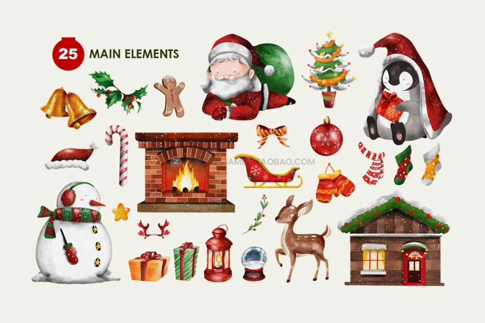 可爱卡通圣诞节主题手绘插画剪贴画png免抠图设计素材 Christmas Watercolor Clipart_img_2