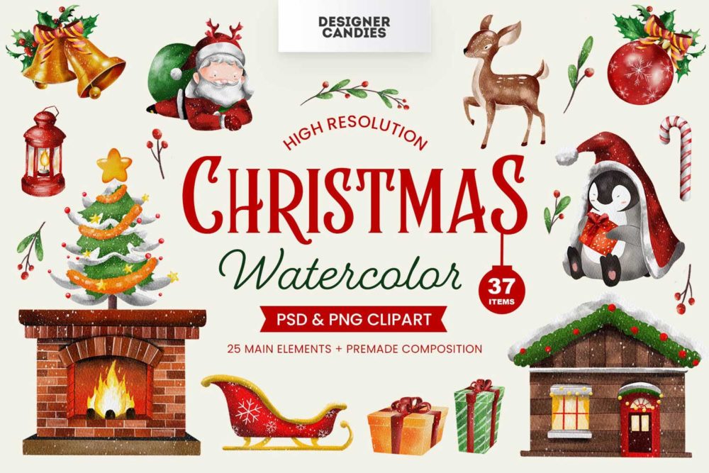 可爱卡通圣诞节主题手绘插画剪贴画png免抠图设计素材 Christmas Watercolor Clipart_img_2