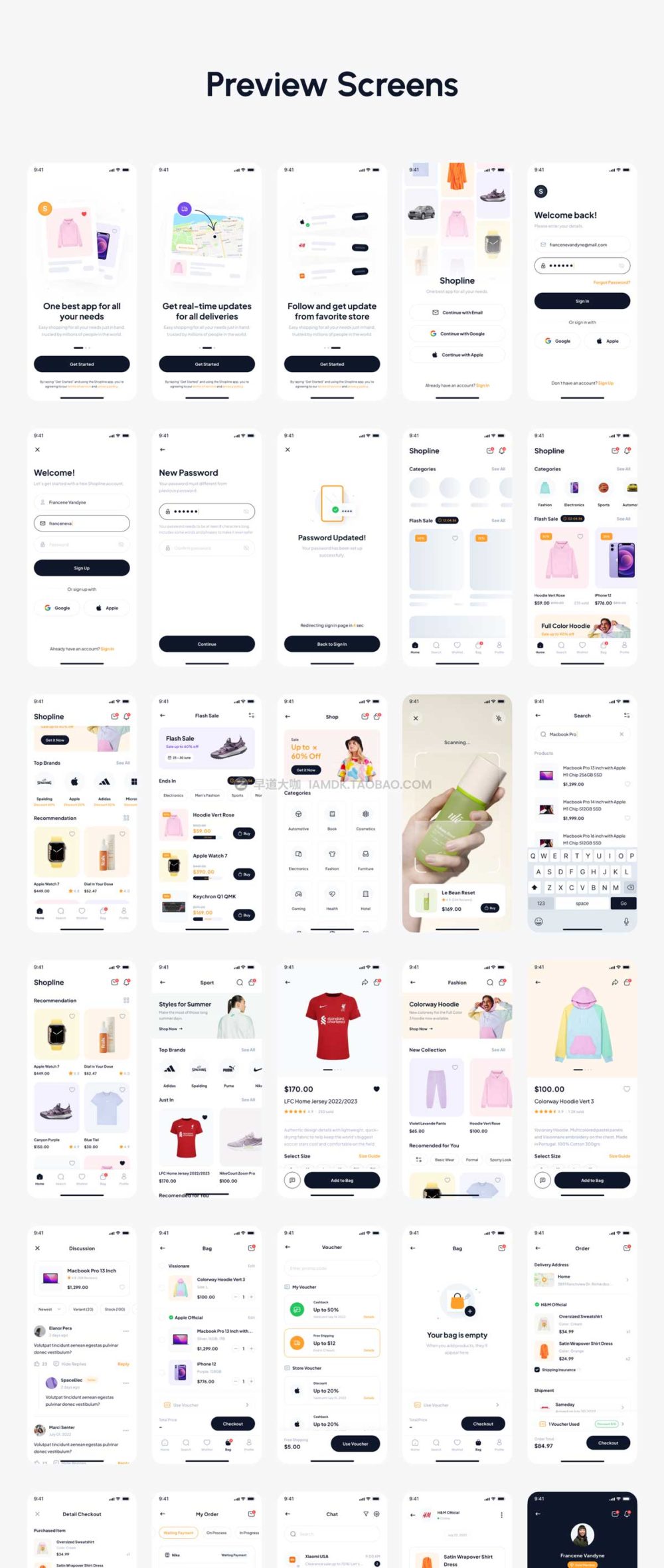 110多个屏在线购物商城app界面设计ui套件素材 Shopline - e-Commerce Marketplace App UI Kit_img_2