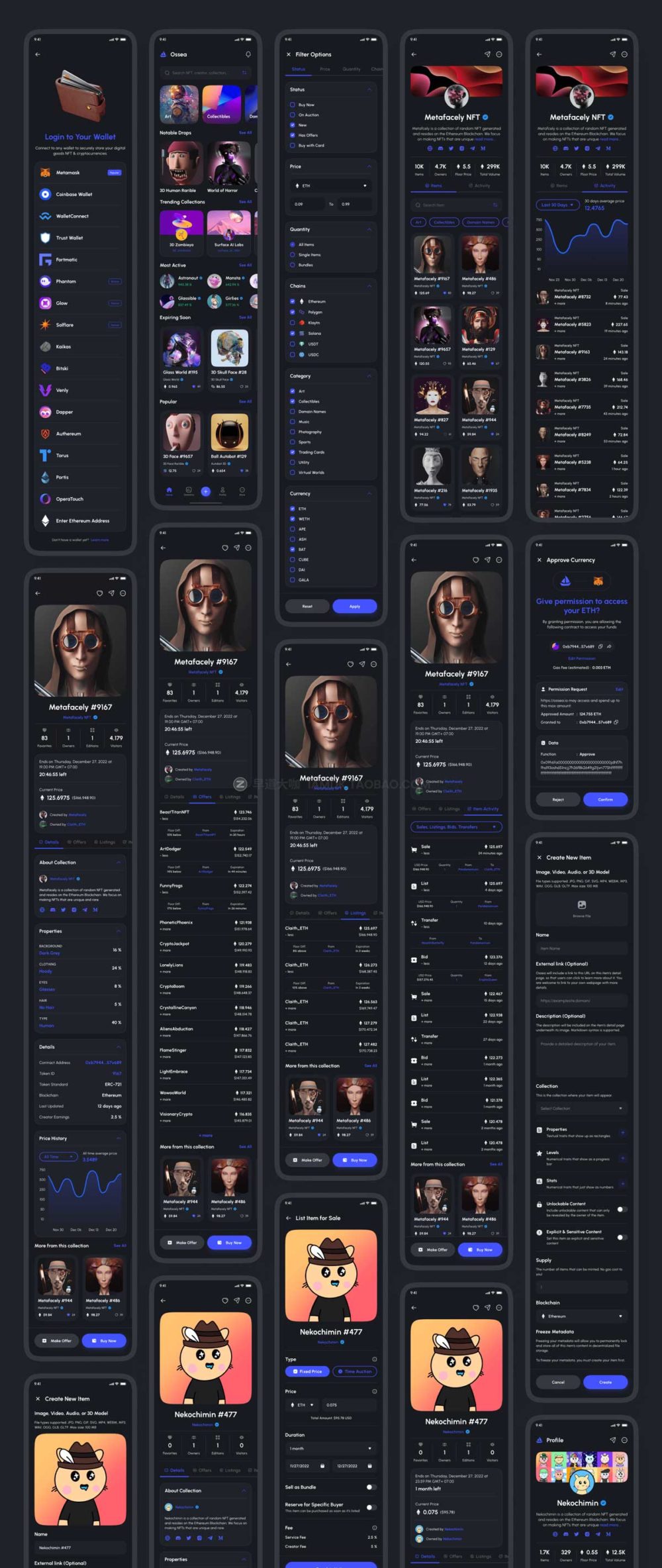160多屏高级虚拟货币区块链nft交易平台app界面设计ui套件 Ossea - NFT Marketplace App UI Kit_img_2