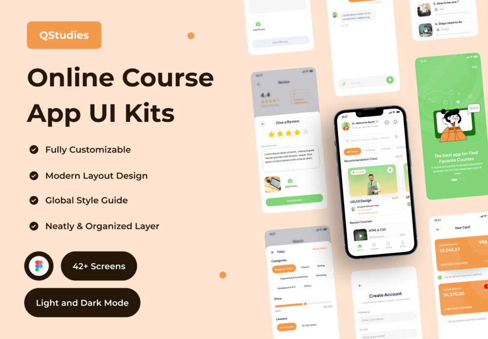 42多屏时尚在线学习教育课程上课app应用程序界面设计ui套件 Qstudies - Online Course App UI Kit_img_2