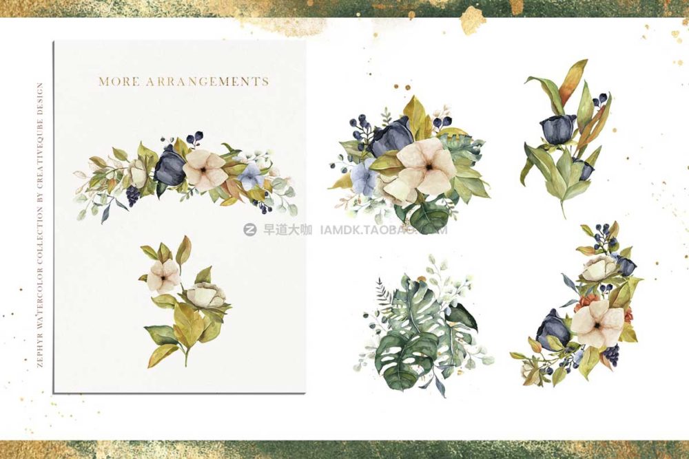 优雅金箔字母花圈画框植物树叶手绘水彩剪贴画png免抠图设计素材包 Zephyr Watercolor Collection_img_2