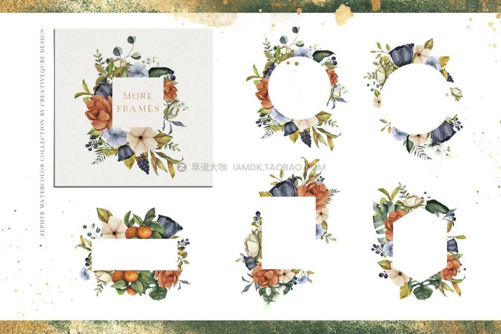 优雅金箔字母花圈画框植物树叶手绘水彩剪贴画png免抠图设计素材包 Zephyr Watercolor Collection_img_2