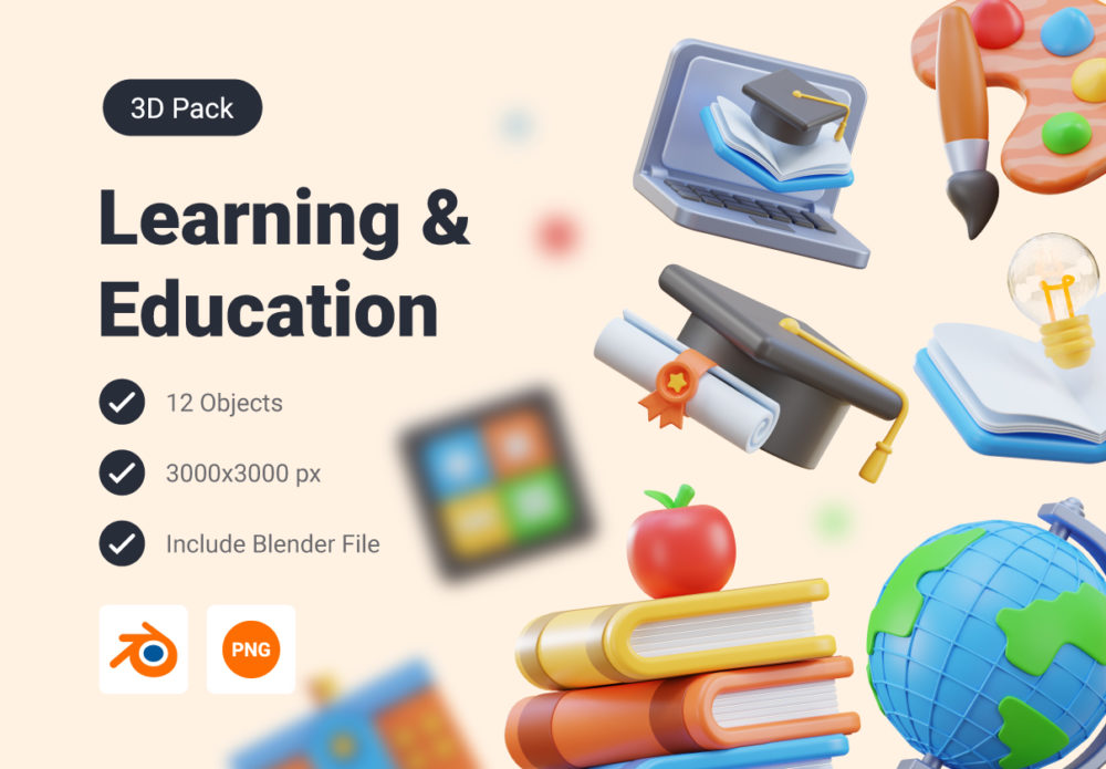 学校在线教育学习3D立体图标icon素材png免抠图文件 School Education - Learning 3D Icon Pack_img_2