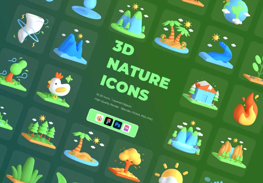 30个自然环境保护主题演示文稿app界面设计3d立体图标icon素材包 3D Nature and Environment Icons_img_2