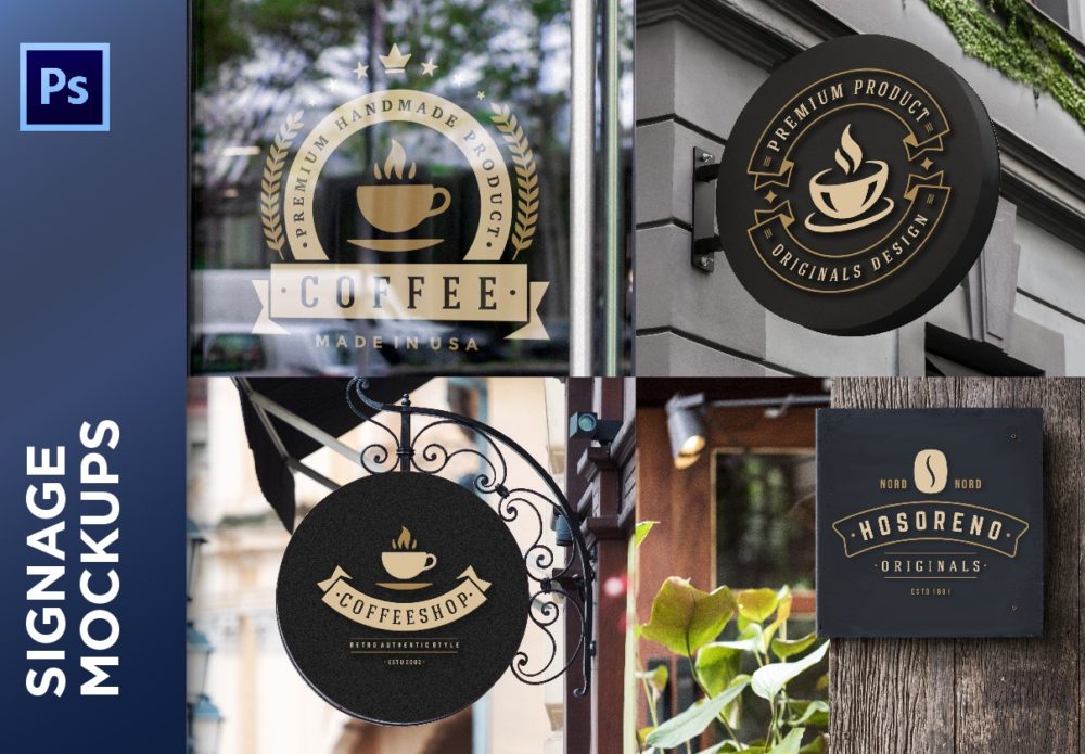 6款逼真咖啡店面包店标牌徽标logo设计展示贴图psd样机模板 Cafe and Coffee Shop Logo Mockups_img_2