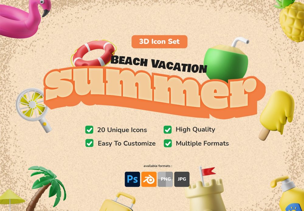 20款独特夏季度假沙滩主题3d卡通图标icon设计素材包 3D Icon Set - Summer Theme Beach Vacation_img_2