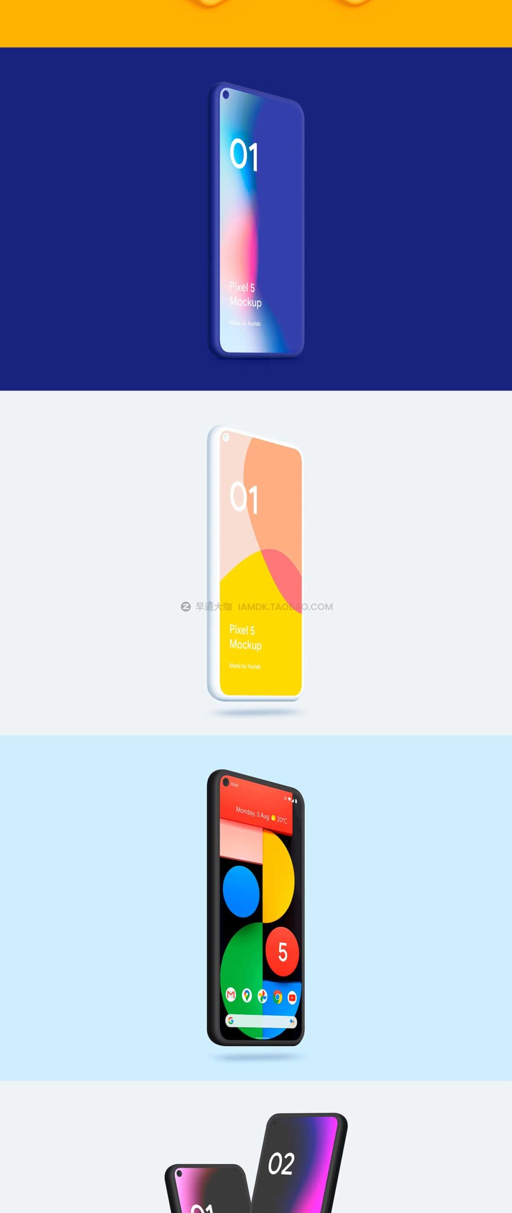 20款时尚app界面设计陶瓷谷歌Google Pixel 5手机屏幕演示样机模板 Google Pixel 5 - 20 Clay Mockups_img_2