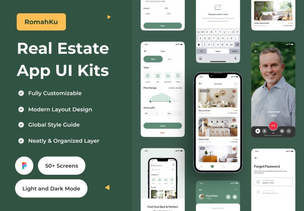 50多个屏时尚房地产房屋出售租赁app应用程序界面设计ui套件 Romahku - Real Estate App UI Kit_img_2