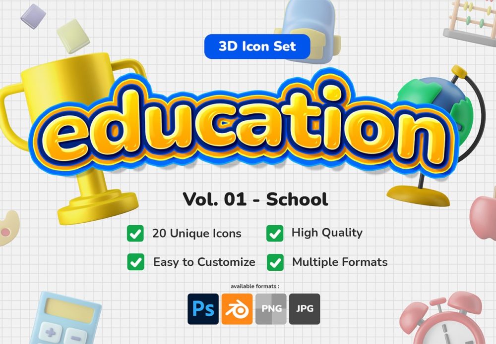 20个独特学校教育网页app界面设计3d图标icon素材包 3D Icon Set - Education School Theme_img_2