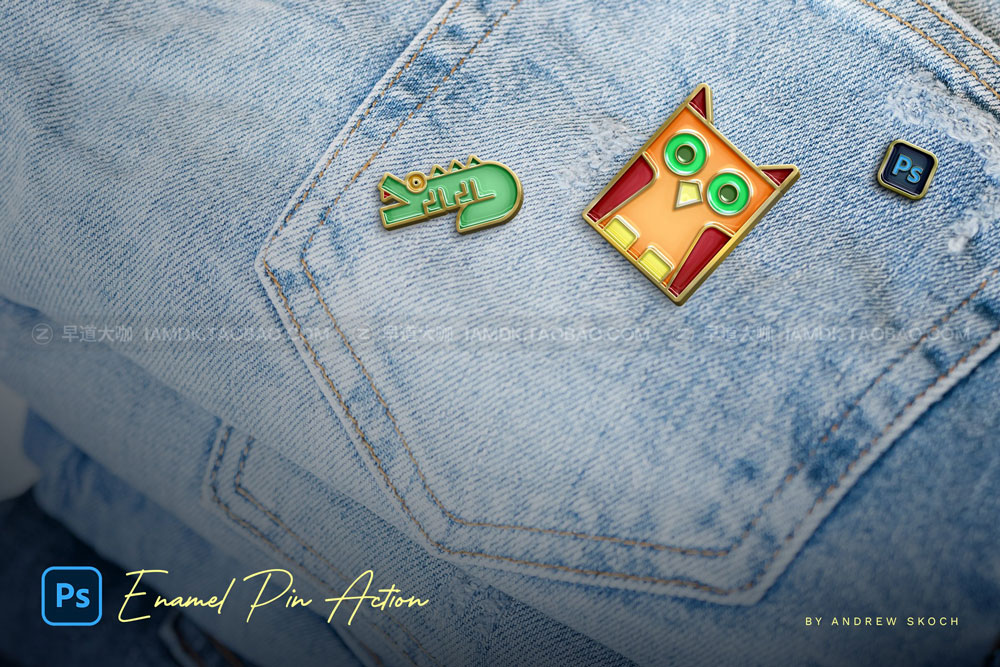 高级搪瓷珐琅牛仔服金属别针设计展示贴图ps动作模板 Enamel Pin Photoshop Action_img_2