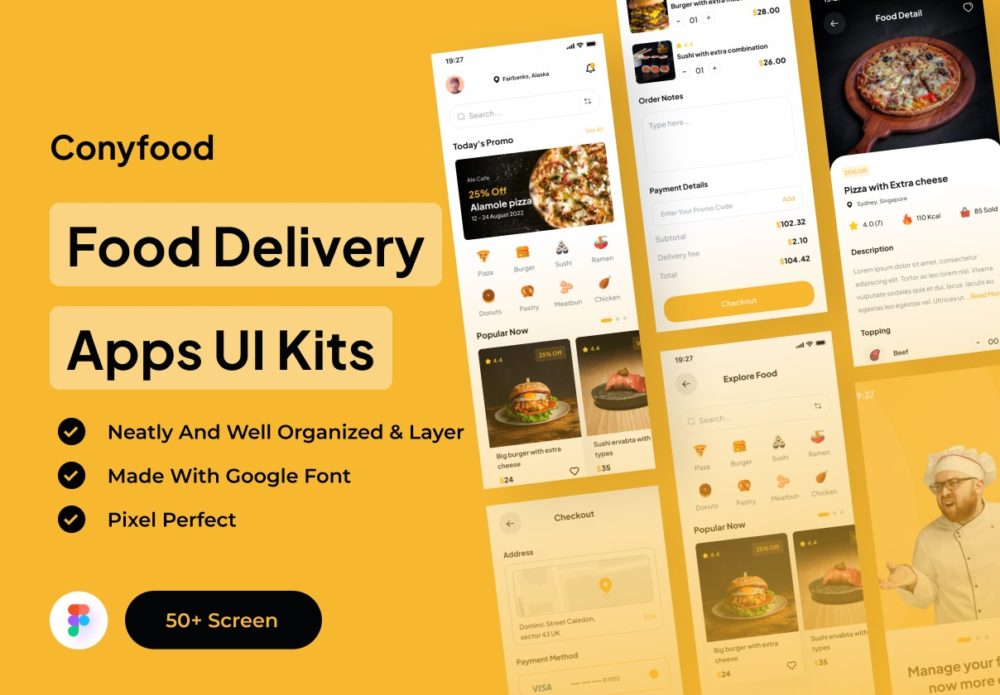 50+屏优质食品外卖配送应用程序app界面设计ui套件素材 Conyfood - Food Delivery Apps UI Kits_img_2