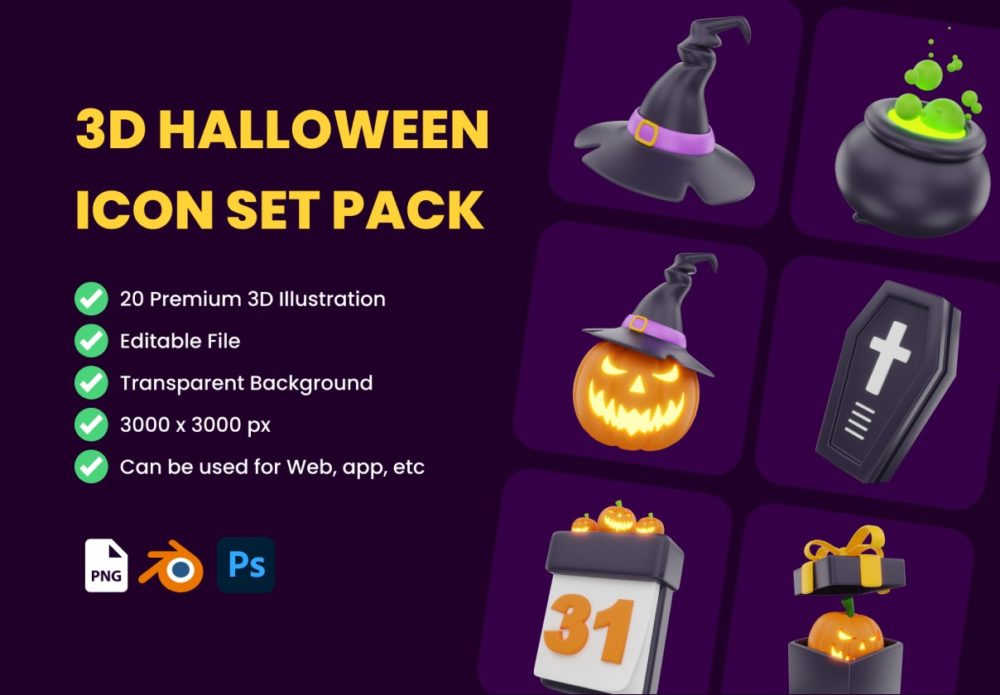 20款高级万圣节主题南瓜3d卡通立体图标icon设计套件 3D Halloween Icon Set Pack_img_2