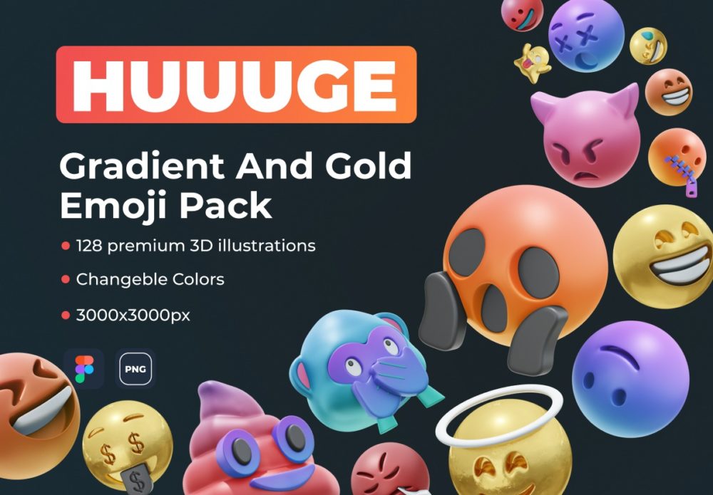 创意潮流3D立体emoji表情包icon图标插画png免抠图设计素材 HUUUGE Gradient And Gold Emoji 3D Pack_img_2