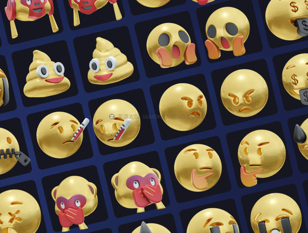 创意潮流3D立体emoji表情包icon图标插画png免抠图设计素材 HUUUGE Gradient And Gold Emoji 3D Pack_img_2