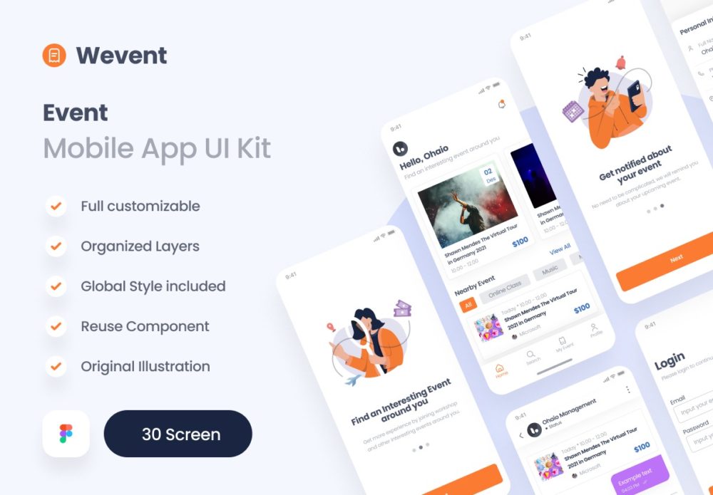 30屏现代时尚活动预订app软件应用程序界面设计ui套件 Wevent - Event Booking App UI Kit_img_2