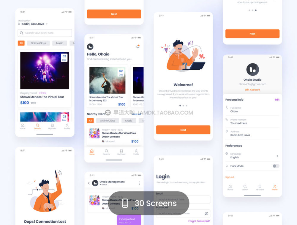 30屏现代时尚活动预订app软件应用程序界面设计ui套件 Wevent - Event Booking App UI Kit_img_2