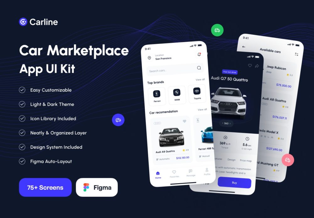 75个屏高级汽车市场应用程序App界面设计UI套件FIGMA模板素材 Carline - Car Marketplace App UI Kit_img_2