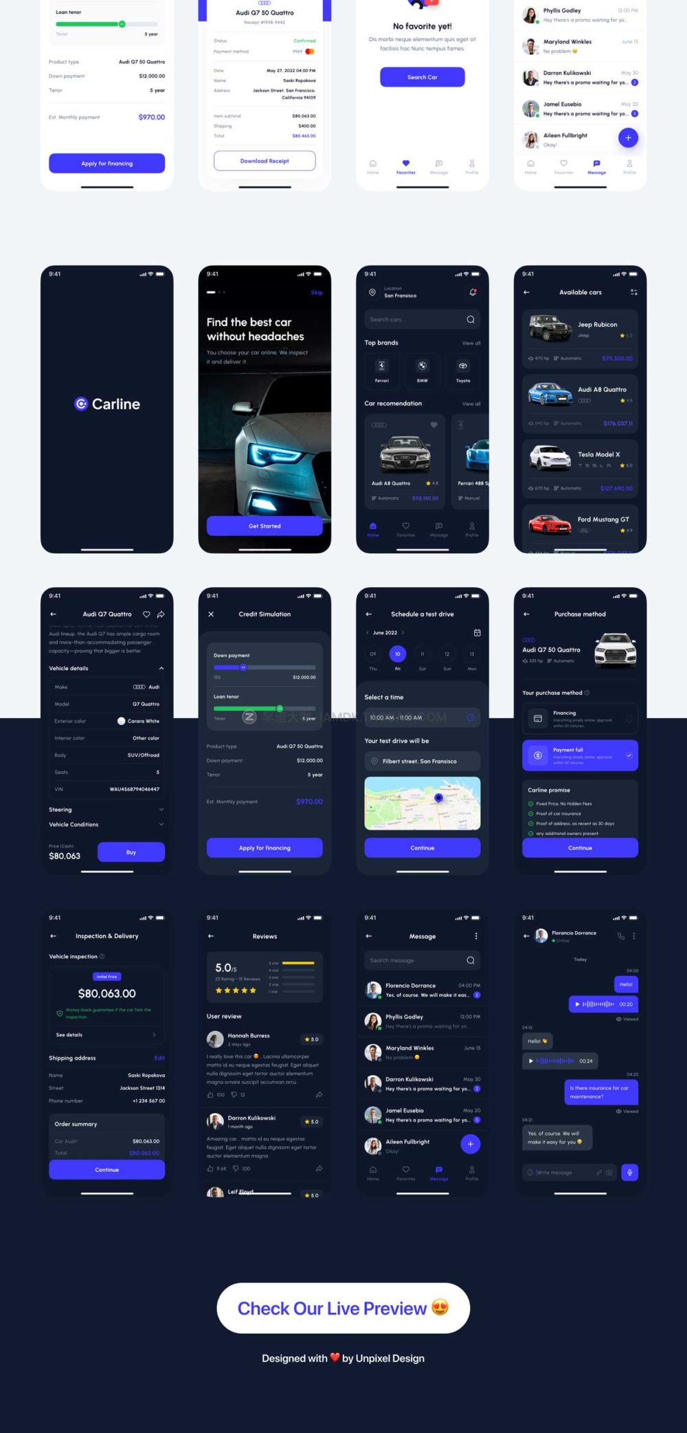 75个屏高级汽车市场应用程序App界面设计UI套件FIGMA模板素材 Carline - Car Marketplace App UI Kit_img_2