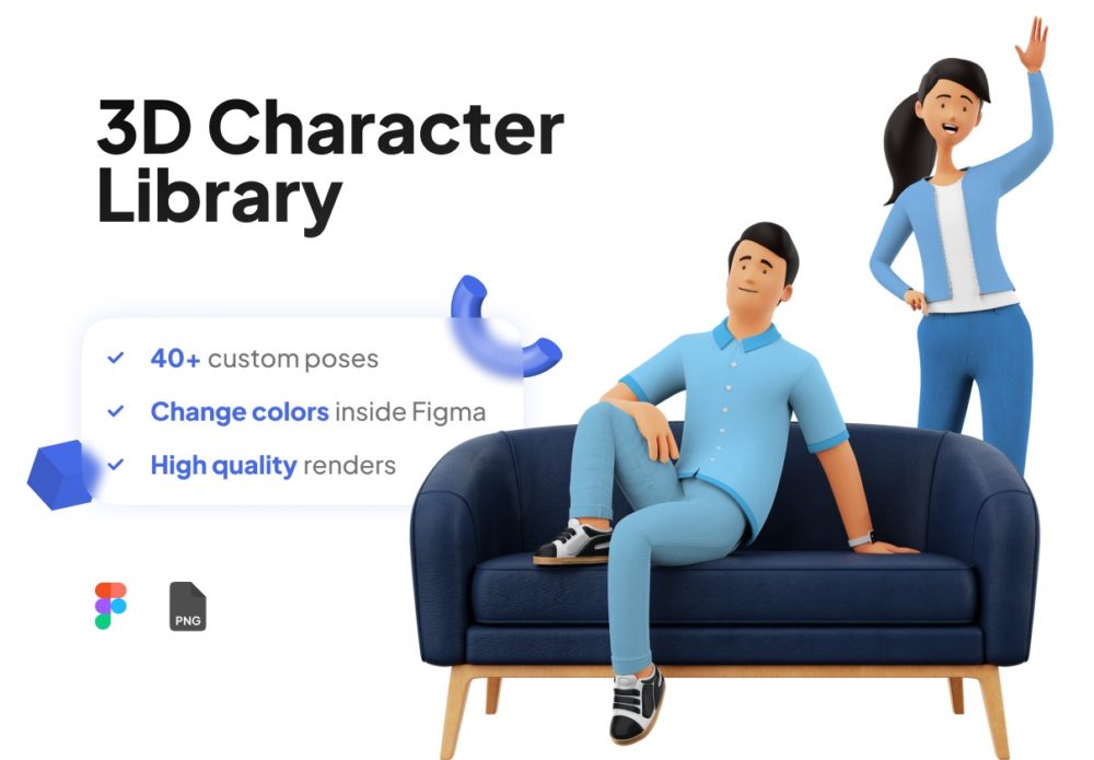 20多个现代多姿势卡通男女人物3d插图动画figma素材包 3D Character Illustration Pose Library Figma Pack_img_2