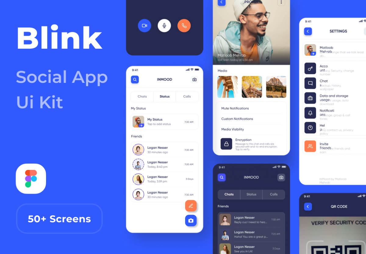 50多个屏社交交友约会聊天应用程序app界面设计ui套件 Blink Social App Ui Kit_img_3