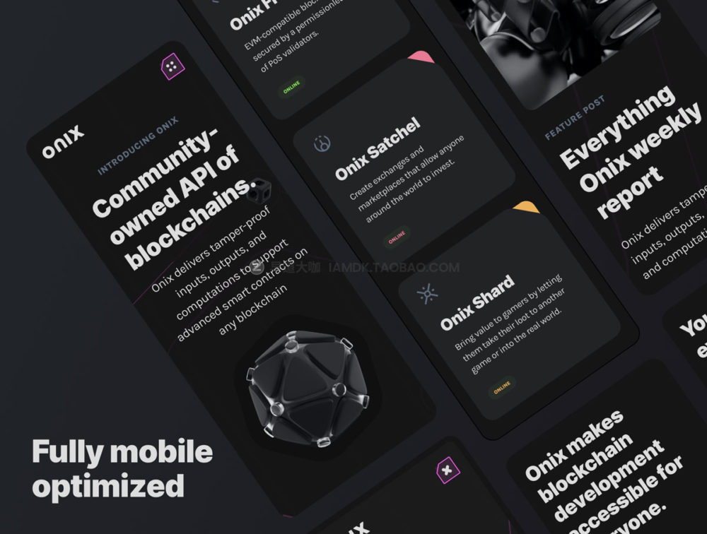炫酷暗黑响应式区块链加密货币app登录网页界面设计ui套件模板 Onix Blockchain Landing Page UI Design Kit_img_2