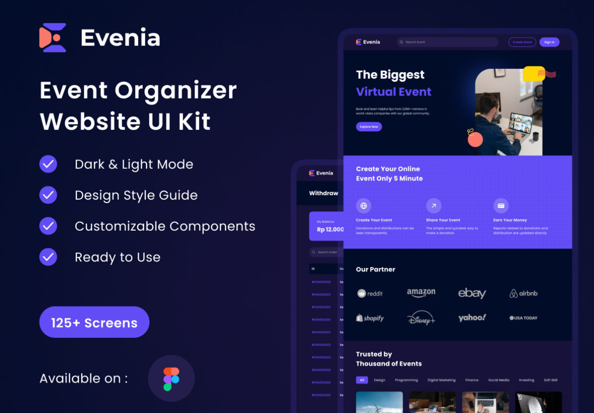 现代简约活动展会组织网站界面设计web ui套件素材 Evenia - Event Organizer Marketplace Website UI Kit_img_3