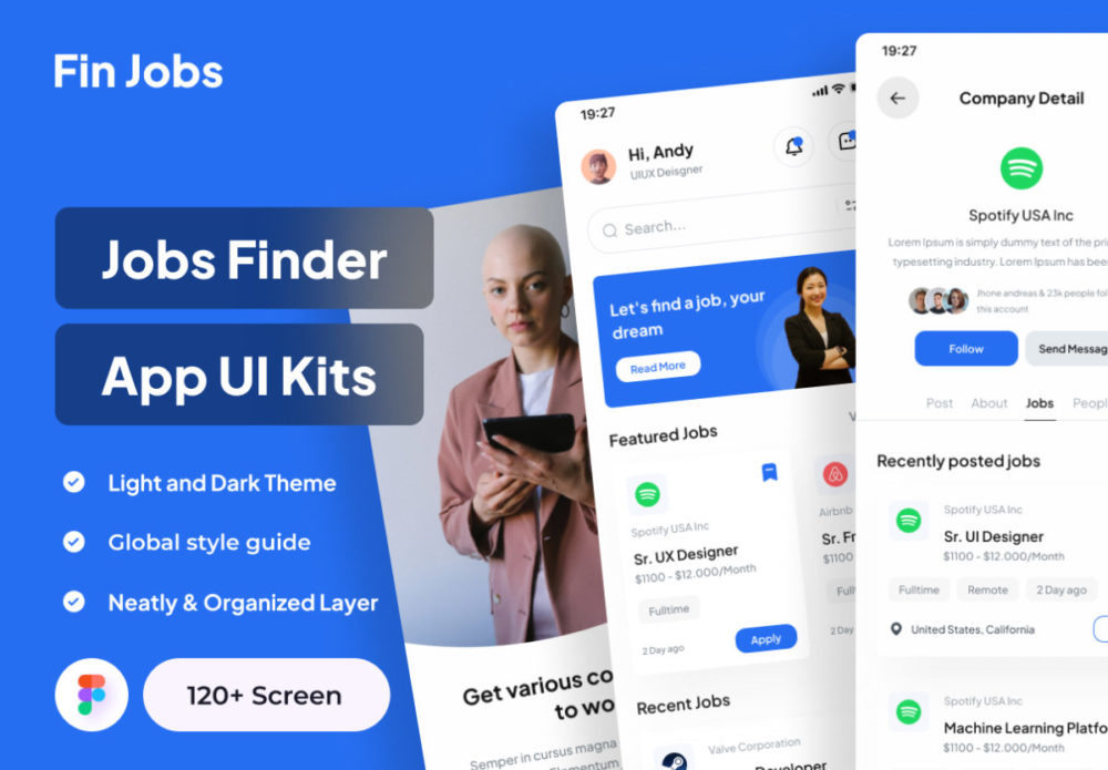 极简求职应聘找工作应用程序app界面设计ui套件素材 Fin Jobs - Jobs Finder App UI Kits_img_2