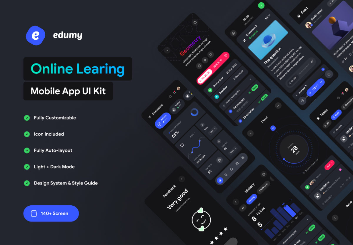 暗黑在线教学学习应用程序app界面设计ui套件 Edumy - Online Learning Mobile App UI Kit_img_3