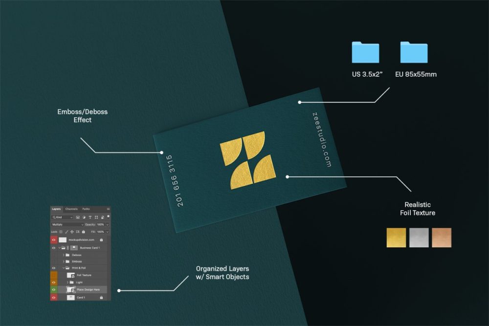 30款时尚质感烫金凹凸印刷工艺商务名片卡片logo设计展示ps贴图样机模板 Business Card Mockup Bundle_img_2