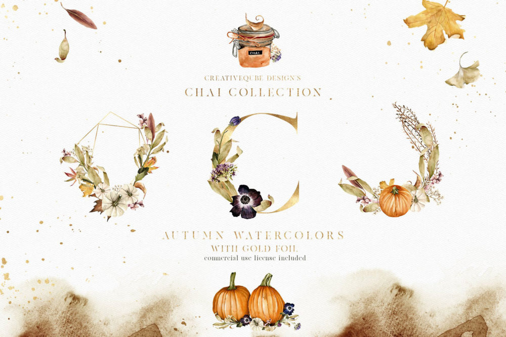 90多款精美秋季黄金字母南瓜叶子手绘水彩画png免抠图片 Chai Watercolor Collection - Fall_img_2