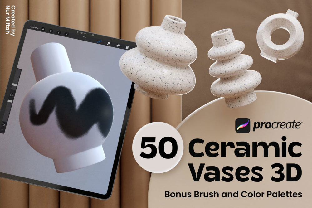 50款创意3D三维立体陶瓷花瓶模型Procreate色板笔刷素材套装 Procreate Ceramic Vases 3D_img_2