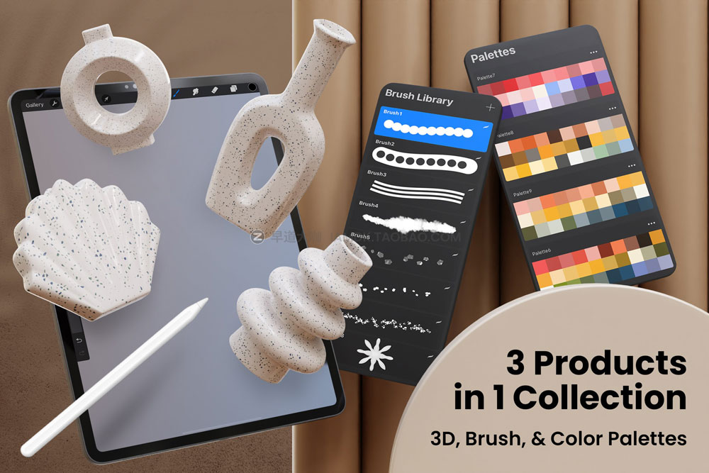 50款创意3D三维立体陶瓷花瓶模型Procreate色板笔刷素材套装 Procreate Ceramic Vases 3D_img_2