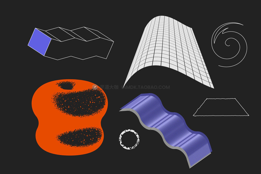 潮流复古艺术抽象磨损做旧3D立体酸性几何图形ai设计素材源文件 90 Vector Texture Shapes_img_2