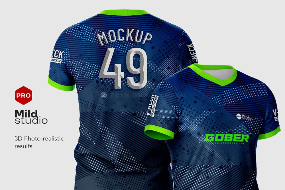 逼真V领足球队服球衣印花图案设计展示ps智能贴图样机模板 V Neck Soccer kit Mockup_img_2