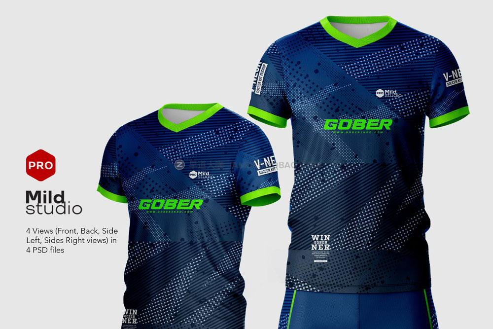 逼真V领足球队服球衣印花图案设计展示ps智能贴图样机模板 V Neck Soccer kit Mockup_img_2