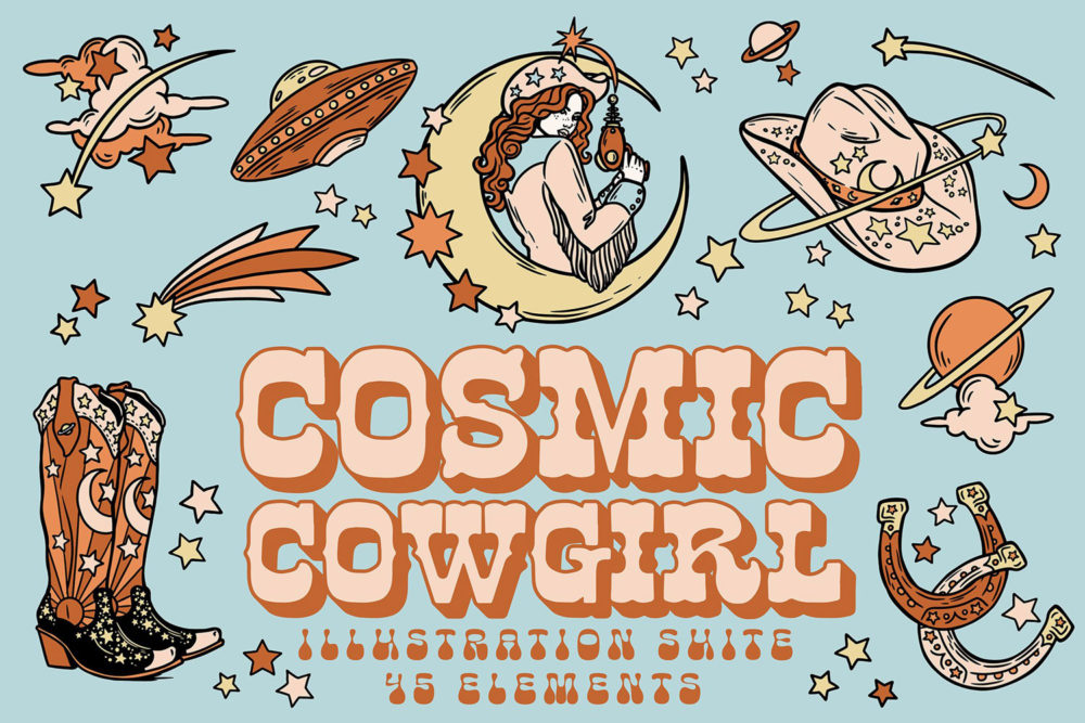 独特宇宙元素狂野西部女牛仔包装封面服装ai矢量插图设计素材 Cosmic Cowgirl – Illustrations_img_2