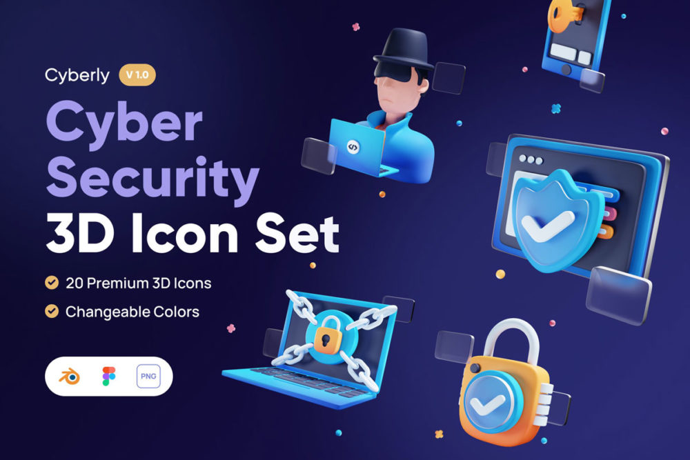 20个高级网络安全智能app界面设计3d图标素材 Cyberly - Cyber Security 3D Icon Set_img_2